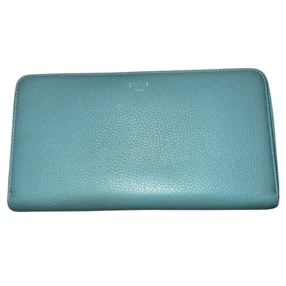 EUC Celine Large Zipped Multifunction Long Wallet Blue Leather Silver Hardware